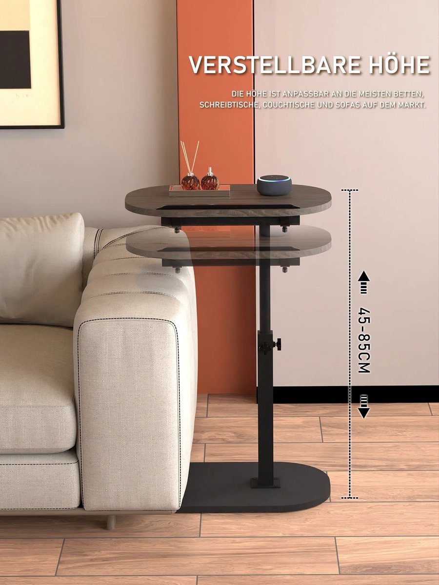 Bijzettafel C-vorm, in hoogte verstelbaar, 360 graden draaibare laptopstandaard, salontafel, hout, kleine bijzettafel, flip-top, C-vorm, bijzettafel voor bank, mobiele koffietafel voor woonkamer