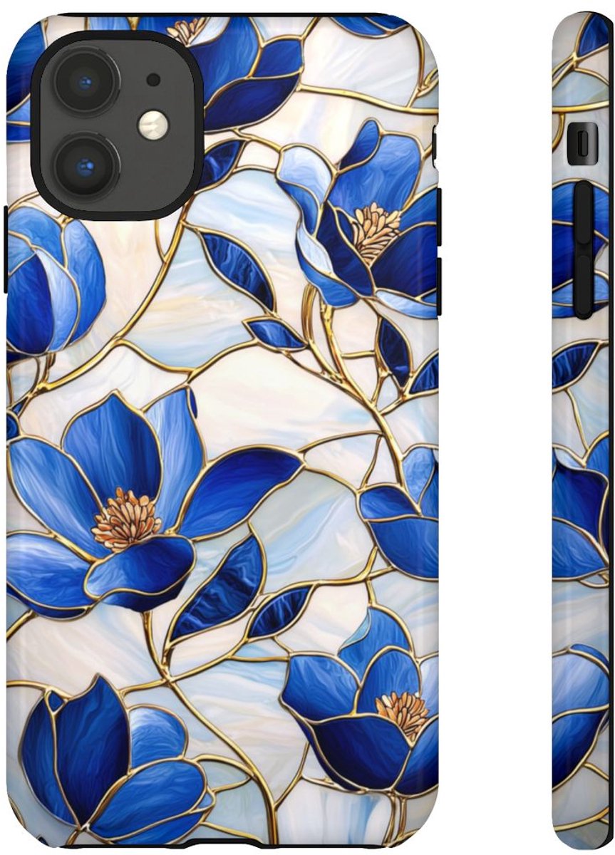 Blauw Gebloemd Glas-in-loodpatroon – Telefoonhoesje Geschikt voor iPhone 11