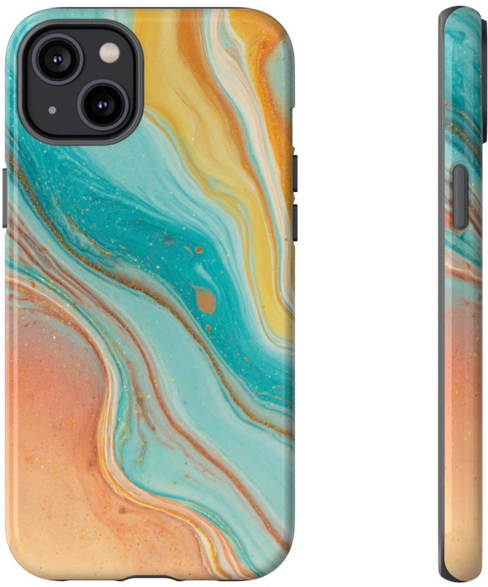 Oranje en Teal Marmer Abstract – Telefoonhoesje Geschikt voor iPhone 14 Plus