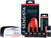 Sensista Gel Color Starter Set met rode en roze-oranje lak, primer, base coat, top coat, cleanser, nagelvijl en LED-lamp.