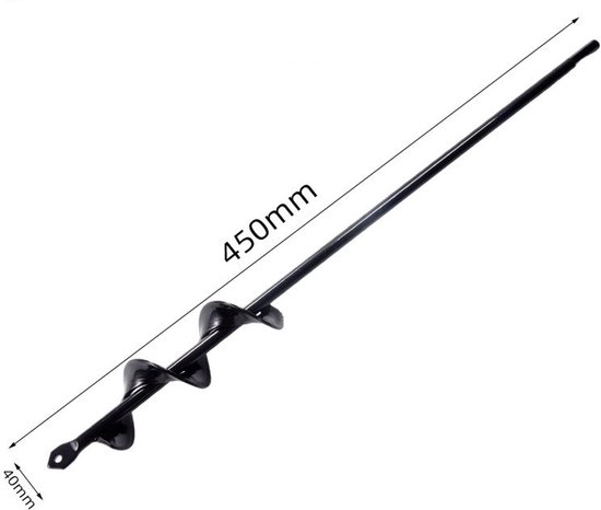 Tarière noire en forme de spirale. Dimensions : 40 mm de large, 450 mm de long.