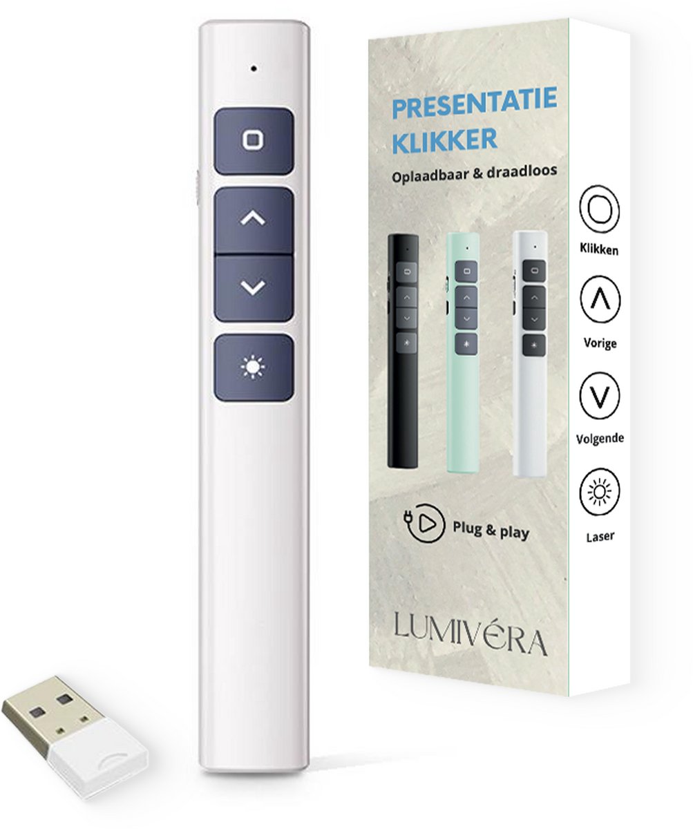 Lumivéra® - Presentatie Klikker - Draadloze Presenter Voor Presentatie - Usb - Pointer - Afstandbediening Met Laser - Wit