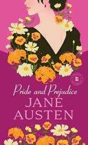 De kaft van 'Pride and Prejudice' door Jane Austen, met een illustratie van een vrouw met bloemen en de titel op een roze achtergrond.