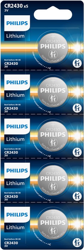 Philips CR2430 Lithium batterijen, 5 stuks in kindveilige verpakking.