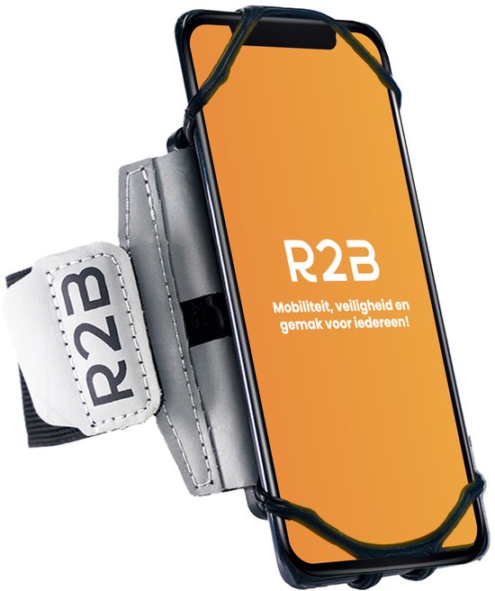 Zilveren telefoonarmband R2B met een smartphone en tekst 'Mobiliteit, veiligheid'.