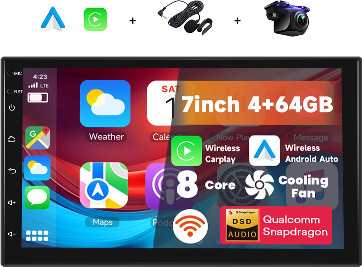 Boscer® Autoradio 2DIN Universeel – 8-Core, 4+64GB – Android 15 – Draadloze Apple CarPlay & Android Auto – 7 Inch HD IPS Touchscreen – Interne Koeling – GPS Navigatie – Bluetooth, USB, WiFi & MP5 – Achteruitrijcamera & Microfoon