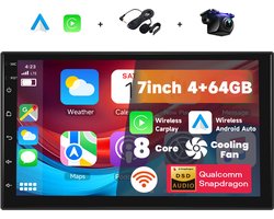 Boscer Autoradio 2DIN Universeel – 8-Core, 4+64GB – Android 15 – Draadloze Apple CarPlay & Android Auto – 7 Inch HD IPS Touchscreen – Interne Koeling – GPS Navigatie – Bluetooth, USB, WiFi & MP5 – Achteruitrijcamera & Microfoon
