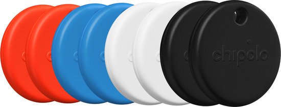 Rij van Chipolo trackers in de kleuren zwart, wit, blauw, rood en oranje.