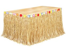 Tafeldecoratie – 1x Grasrok Tafelloper (275 x 75 cm) met Bloemen & Klittenband – Perfect voor Luau, Tiki Party, Strandfeest of Tropisch Thema