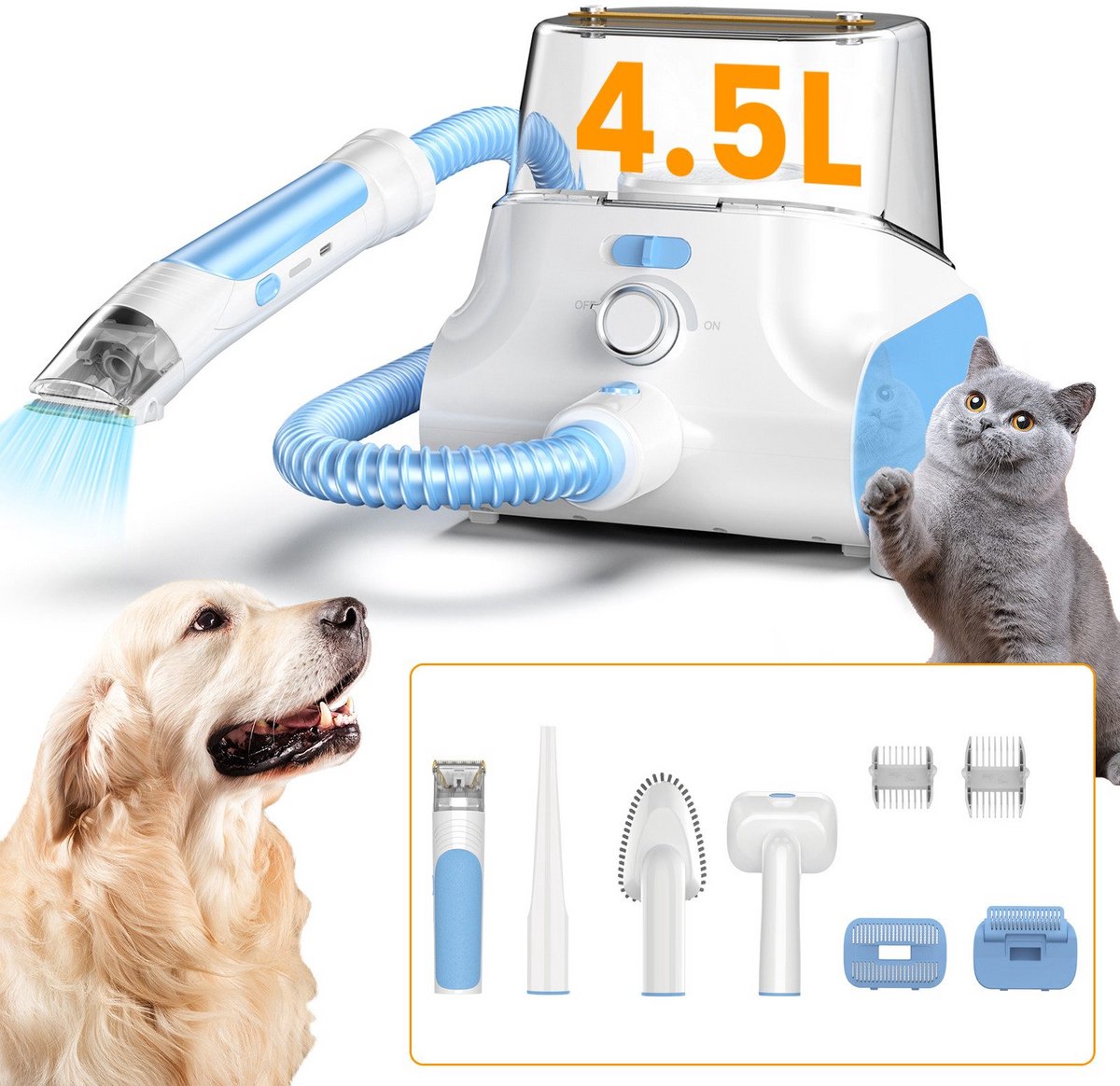 Grenintol® - P30 - 5-in-1 Hondentondeuse Dikke Vacht - Professionele Dierentondeuse / Hondentrimset voor Honden & Katten Trimset - Zuigen & Trimmen - Haarverwijderaar - Stofzuiger voor Dierenharen - 4,5L Opvangbak - Verzorging & Scheerapparaat - wit