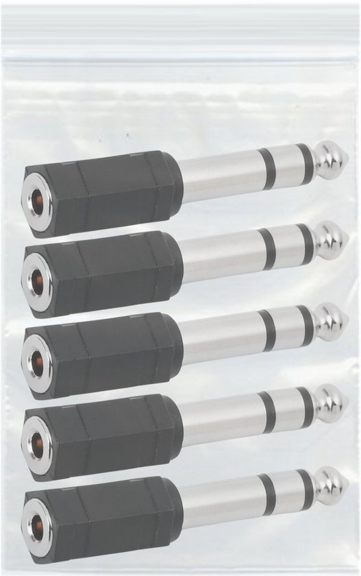 Vijf 6.35mm naar 3.5mm audio adapters, verpakt in plastic, met zilverkleurige aansluiting en zwart handvat.