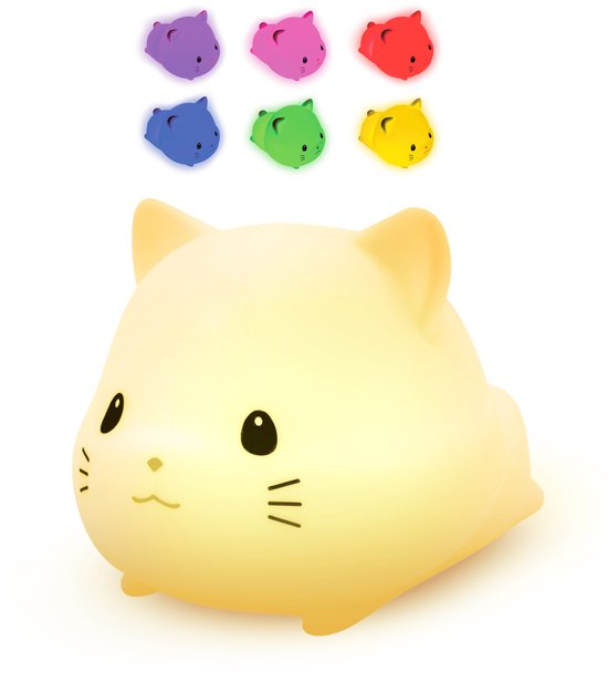 Vulpes Goods® - Nachtlampje Kinderen - LED Licht & 8 Kleuren – Nachtlampje Babykamer – Poes – USB-Oplaadbaar – Dimmer – Timer – Draadloos - Kindvriendelijk