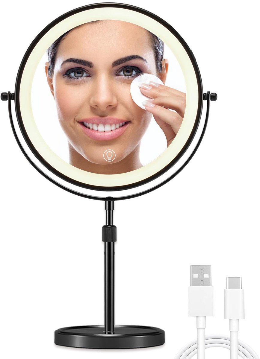 Make-up Spiegel 21 cm - Dubbelzijdig met Vergroting - Draaibaar & Verstelbaar - Zwart