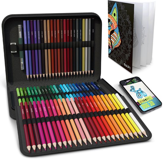 NAPI 72 Crayons de couleur professionnels dans un dossier de Luxe - Incl. Livre de coloriage Mandala pour Adultes et Enfants - Ensemble de dessins à base d'huile - Set de 72 Crayons avec Accessoires de vêtements pour bébé