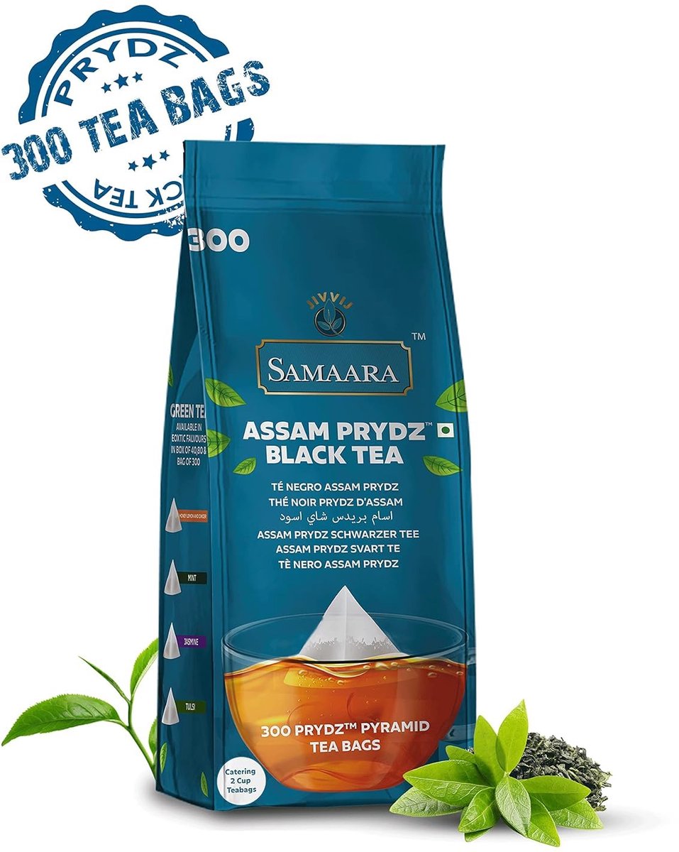 Samaara Assam Prydz Zwarte Thee 870g – 300 Biologisch Afbreekbare Piramide Theezakjes | Authentieke Indiase, Rijke en Aromatische Smaak met Kajal Sticker