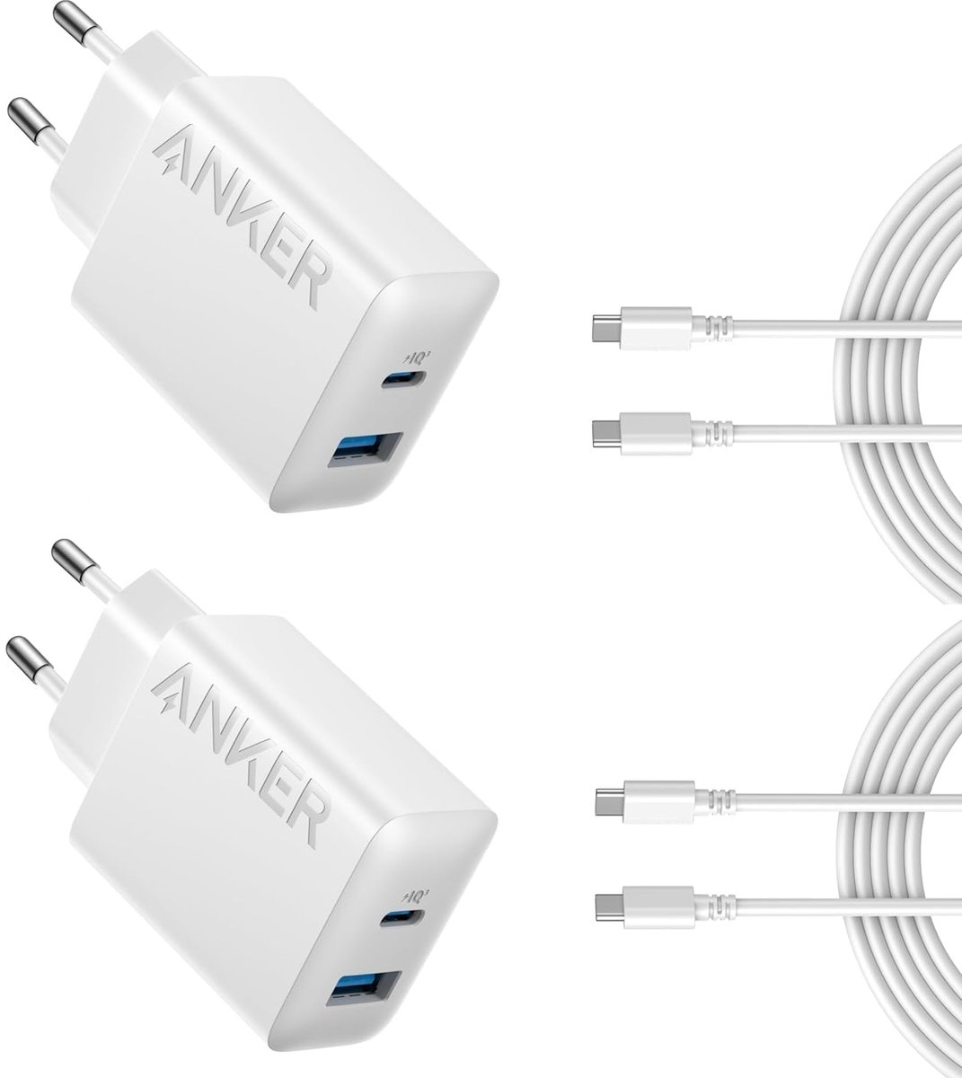 Anker USB-C oplader - (20W) 2-port oplader 2-PACK + USB-C naar USB-C kabel 1,5M 2-PACK Wit