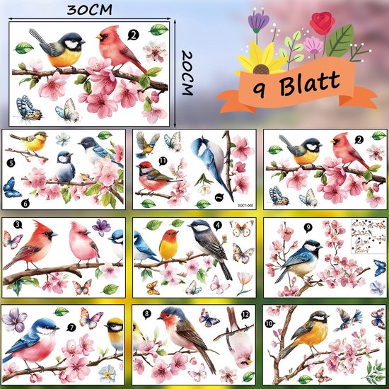 9 Vellen/Set Lente Window Cling Kleurrijke Bloem Vogel Vlinders Waterdichte PVC Herbruikbare Elektrostatische Glas Decoratie Sticker Sticker kopen vanaf een prijs van 8.17