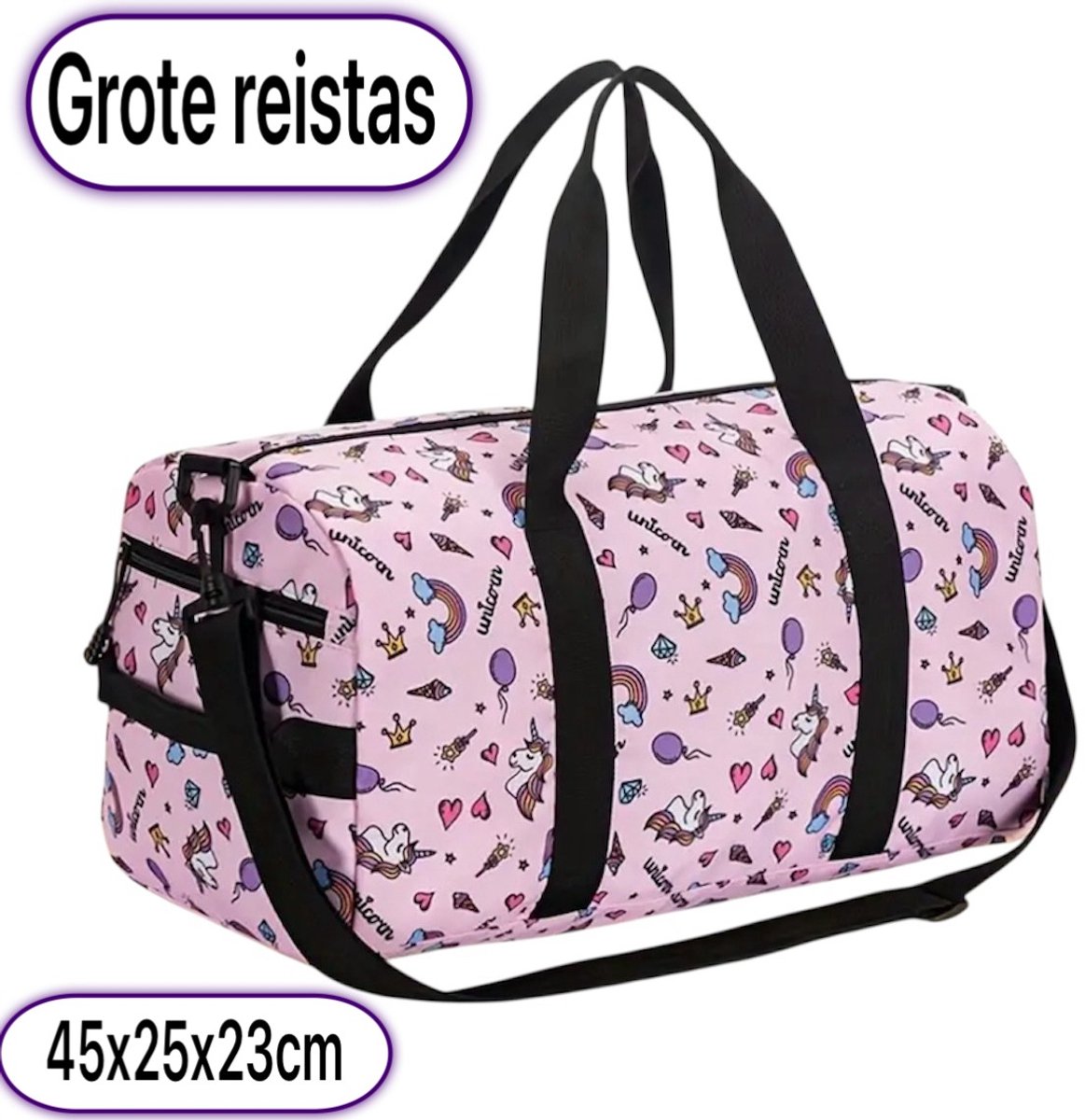 Twenty Two Grote reistas | met verstelbare riem | grote capaciteit | opvouwbaar | tas voor reizen-sport-fitness | weekendtas met ritssluiting | handbagage tas | duffel tas | reistas met print |45x23x25cm| voor meiden | Unicorn
