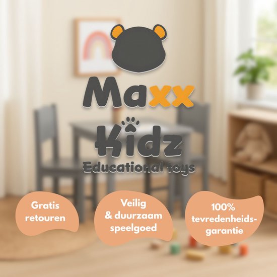 Logo Maxx Kidz educational toys. Gratis retouren, veilig & duurzaam speelgoed, 100% tevredenheidsgarantie.
