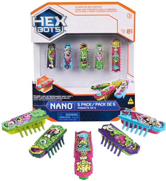HEX BOTS nano 5 Pack, 4 nano Bots met extra Flash nano, sensorisch speelgoed voor kinderen en katten met trillingstechnologie, insecten- en minirobotspeelgoed