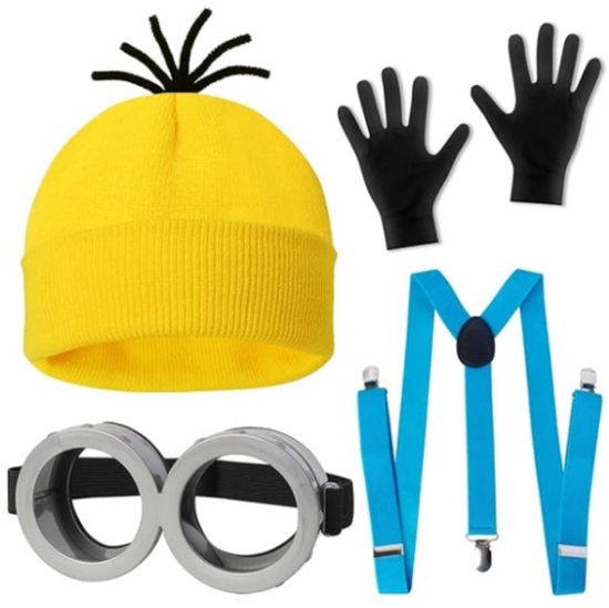 Minions Verkleed Outfit - Verkleden - Kleding - Minions - Gele Muts, Zwart/Grijze Bril, Zwarte Handschoenen en Blauwe Bretels - Carnaval - Feest - Festival - One Size