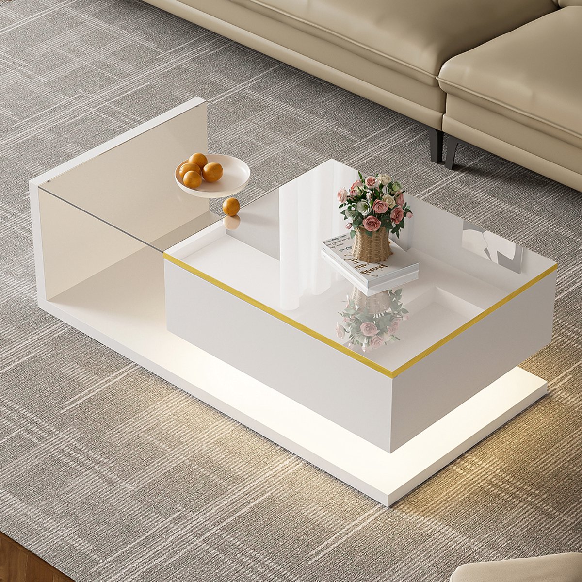 Komhtom Salontafel van 100 cm langglanzend wit. Bijzettafelssalontafels met glas en LED-effect.