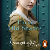 Een vrouw draagt een olijfgroene jurk met een kanten kraag. De titel "These Old Shades" staat in blauwe letters op de jurk.