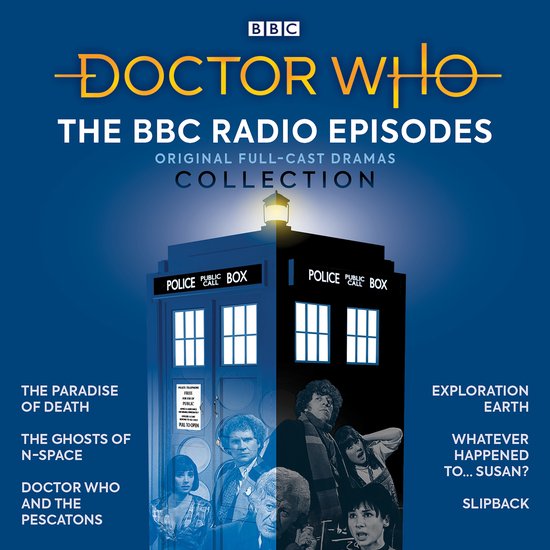 Doctor Who: De BBC Radio Episodes Collection met een TARDIS, vier Doctors en hun metgezellen.