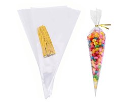 100 stuks kegelvormige snoepzakken YUTOU snoepzakken met 100 gouden gedraaide linten, transparante OPP-geschenkzakken, snoepzakken voor chocolade snoepfeestgeschenkverpakkingen, 16 * 30 cm