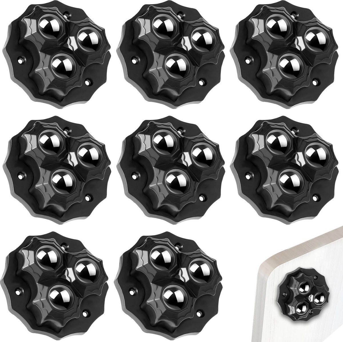 Kleine meubelwielen, 8 stuks 360° kogelwielen, zwaar, zelfklevend, sterk met schroeven, 3 kogelwielen, vlakke wielen voor meubels, opbergdoos, prullenbak, keukenapparatuur (zwart)