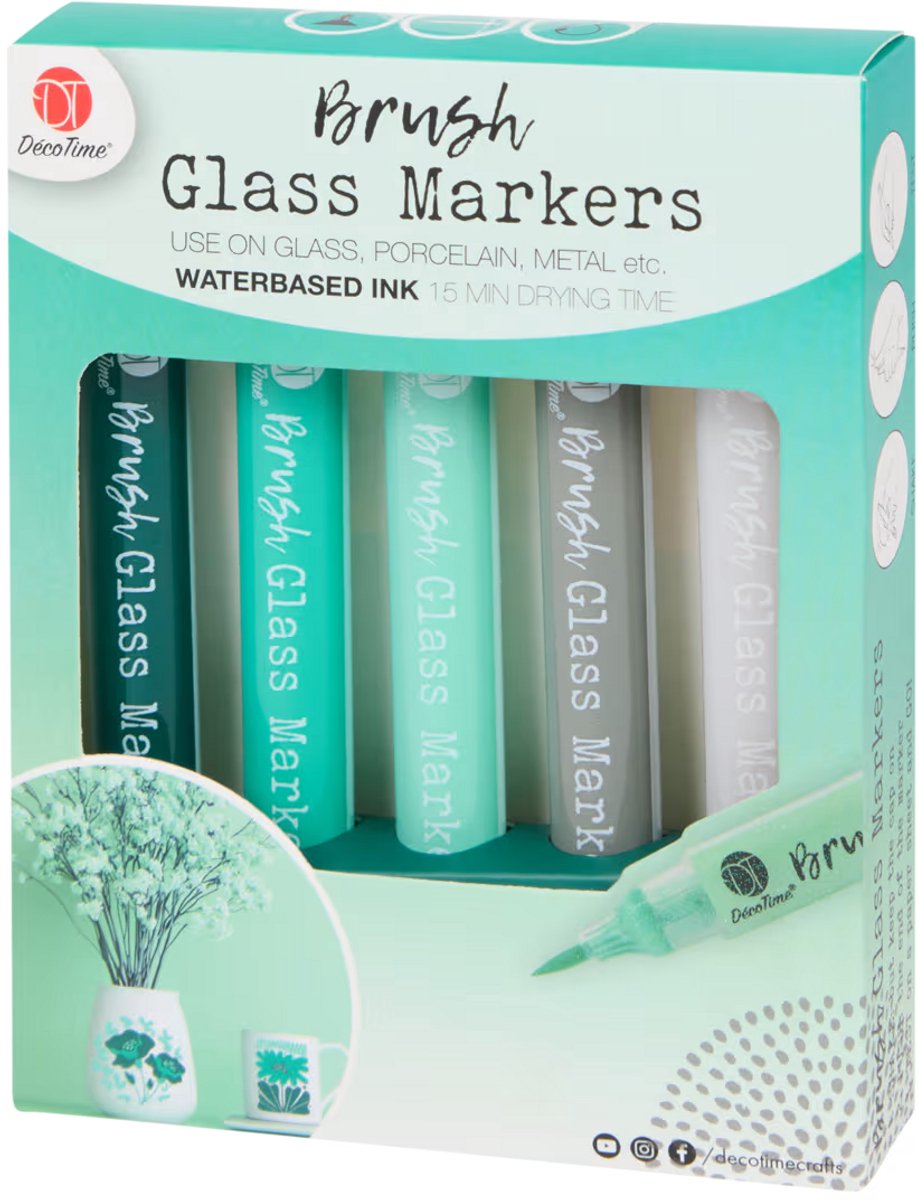 5 Stuks Penseel Glasmarkers - Groen, Turqoise, Grijs en Witte Kleuren - Glasverf - Glasstiften