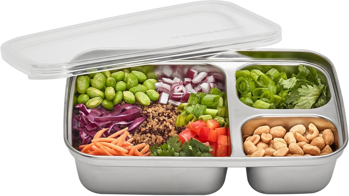 U-Konserve - 3-vaks Rechthoekige RVS Voedselcontainer met Siliconen Deksel - Clear