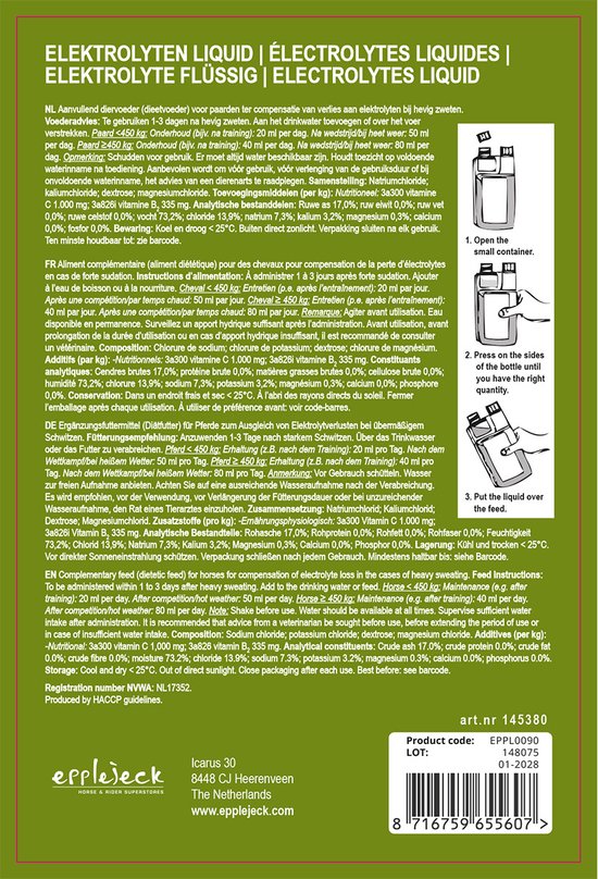 Verpakking met Epplejeck Elektrolyten Liquid, 1 liter. Instructies voor gebruik staan op de achterkant.