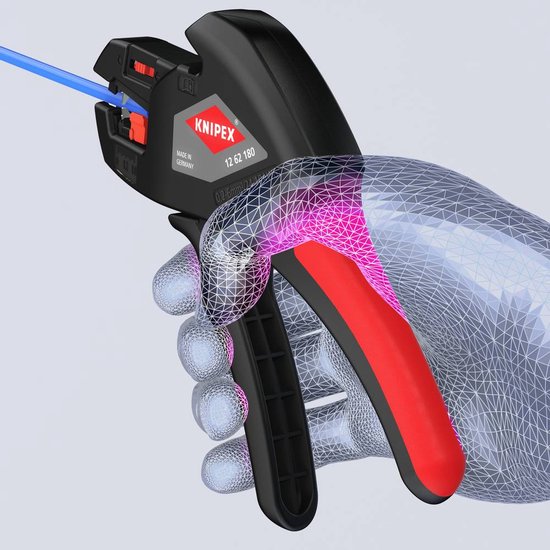 Een synthetische hand met een draadmodel omvat een zwarte Knipex kabelstripper met rode handgrepen.