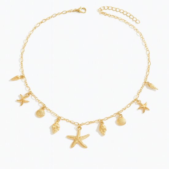 Collier femme couleur or avec breloques marines - coquillages, étoiles de mer et breloques maritimes - chaîne à maillons réglable