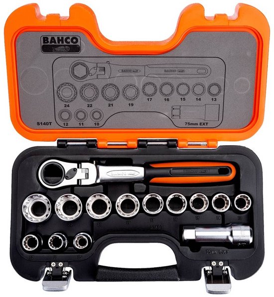 Een Bahco S140T dopsleutelset in een open oranje en zwarte koffer. De set bevat ratel, verlengstuk en 12 doppen van diverse maten.