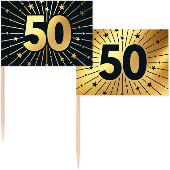 Twee vlagprikkers met het cijfer '50' in goudkleur op een donkere achtergrond met gouden sterren en stralen.