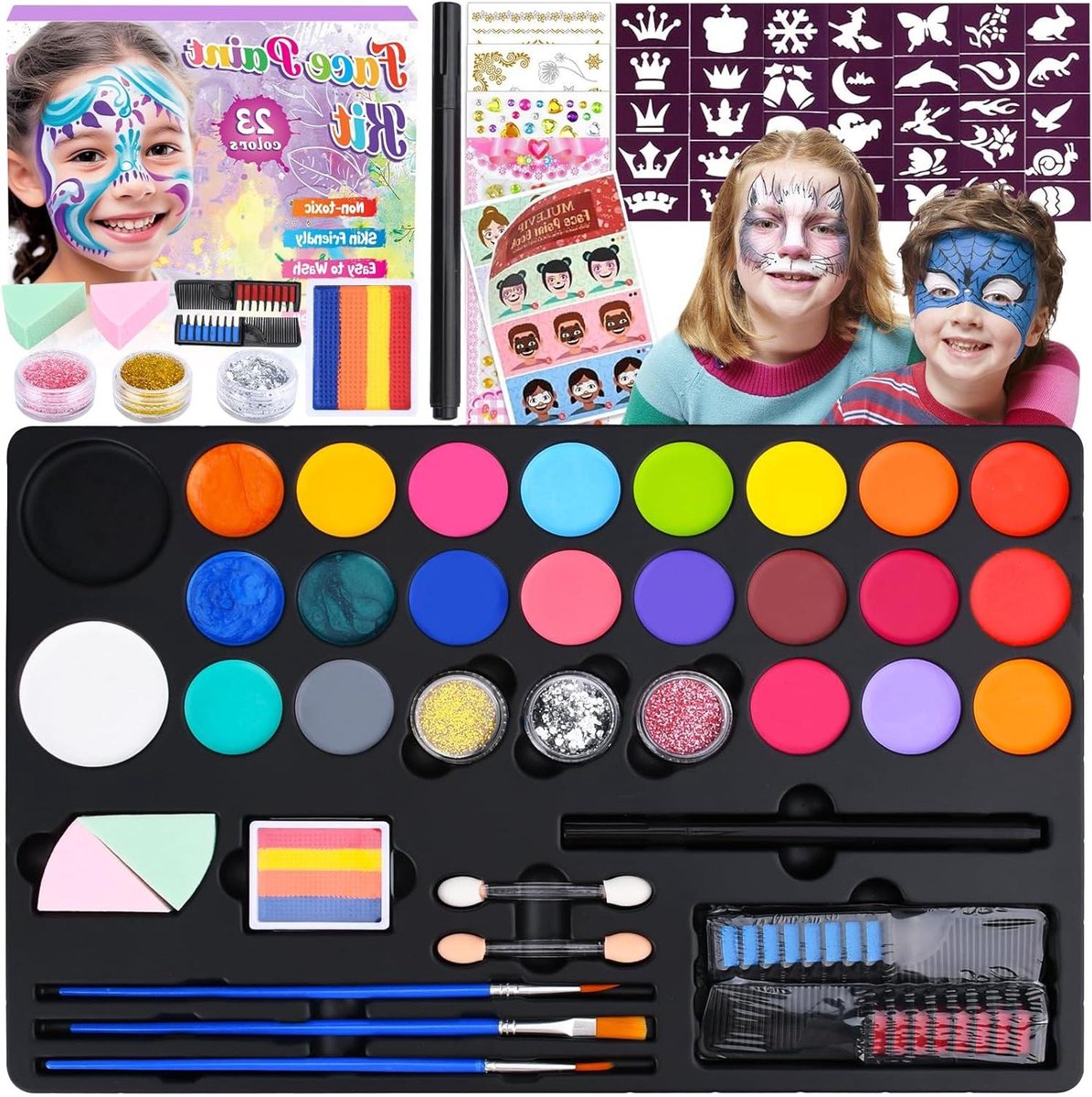 JGS Premium - Face Paint Set voor Kinderen 23 Kleuren Body Paint met Tattoo Sjablonen - Halloween Make-Up Carnival - Kerstmis