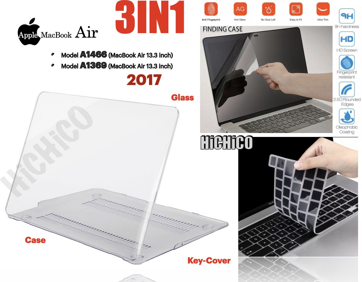 Hoesje Geschikt voor MacBook Air A1466 - MacBook Air A1369 - MacBook Air 13inch 2017 beschermglas - MacBook Air 2017 hardcase + Toetsenbordafdekking en beschermglas 3IN1