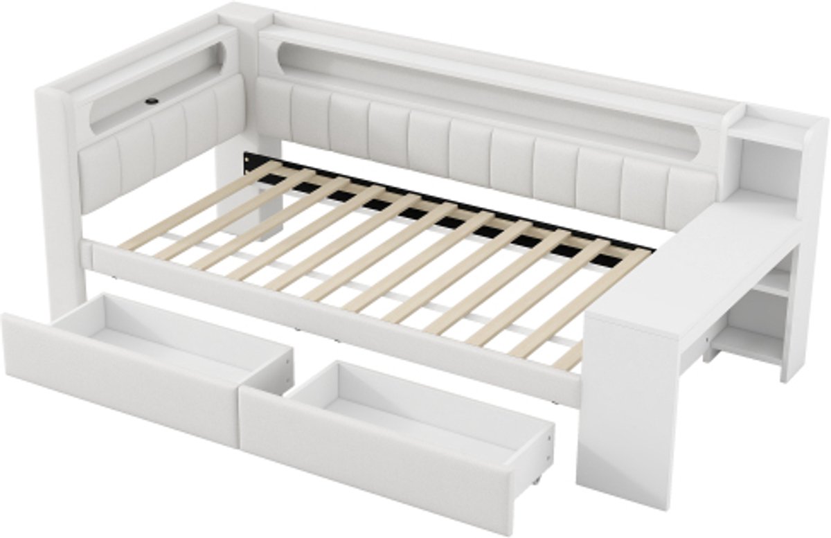 GOTAGEE Gestoffeerd bed 90x200cm slaapbank met USB-poorten en LED-riem, met bureau en 2 lades, wit