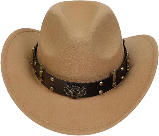 Chapeau de cowboy Western - Chaîne classique - Chapeau de jazz incurvé - Chapeau en feutre beige - Chapeau en feutre à larges bords - Unisexe - Chapeau de cowboy - Perfect pour les soirées cosplay et les soirées à thème western - Marron