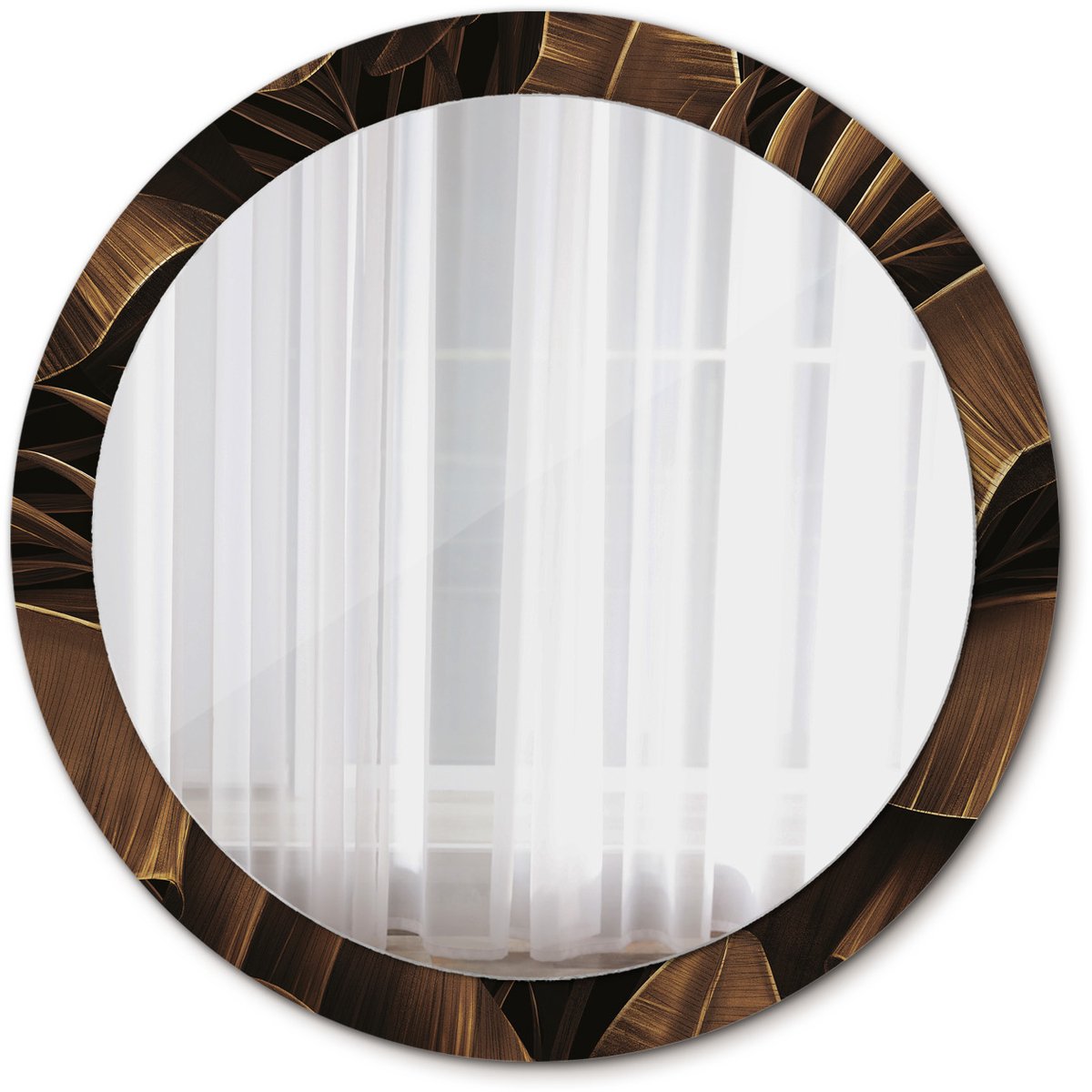 Tulup Spiegel - Spiegel op gehard Glas - Ronde Spiegel - Bruine bananenbladeren - Diameter: 90 cm - Decoratieve spiegel met patroon - Inloopkastspiegel – Badkamerspiegel - Kleedkamer - Bruine - Premium Spiegel - Design Spiegel - Glazen spiegel