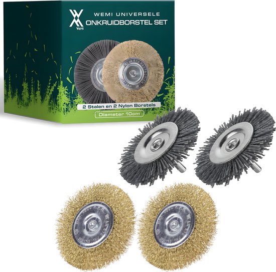 Wemi onkruidborstel set van 4: twee grijze stalen borstels en twee gouden nylon borstels, elk met een diameter van 10 cm. De verpakking is groen met beplanting.