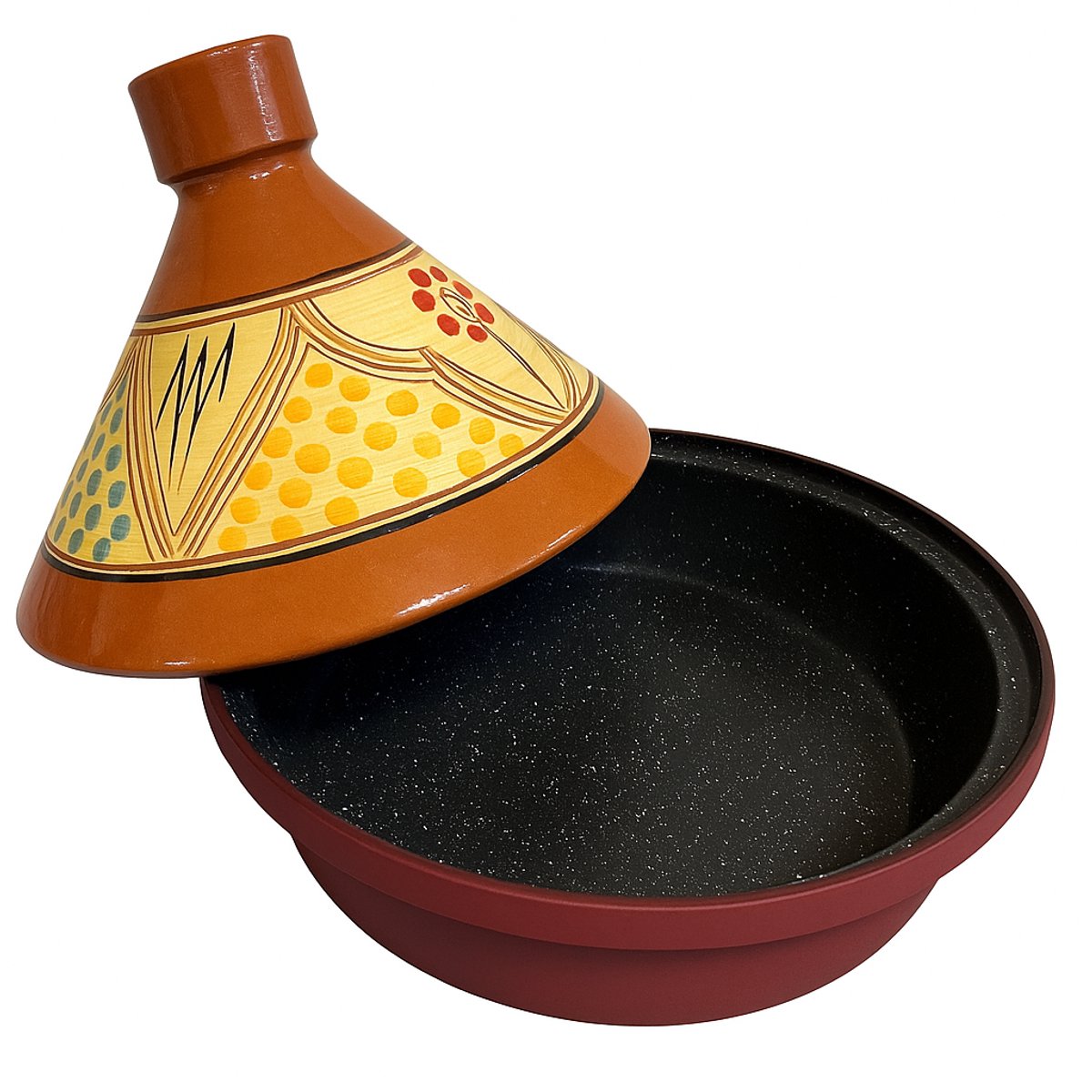 Tajine 30 cm – Marokkaans Handgeschilderd – Aardewerk & Aluminium – Donkerrood – Multikleur Motief - geschikt voor alle warmtebronnen - Inclusief inductie