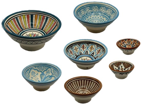 Cemaro Tapas schaaltjes set Medina - Keramiek - Handgemaakt - Blauw/Bruin/Groen - Ø7..Ø15cm - Set van 7