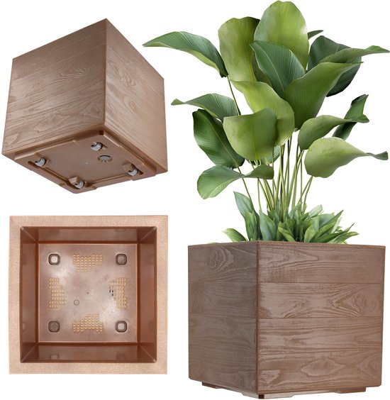 Jardinière en plastique KADAX, 39 x 39 cm, 7 couleurs, pot de fleurs carré, pot de fleurs à roulettes, jardinière avec bouchon de drainage (marron foncé, aspect bois)