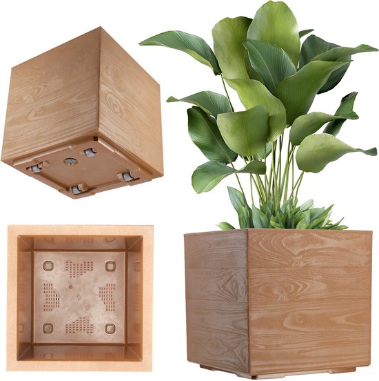 KADAX Plantenbak van kunststof, 39 x 39 cm, 7 kleuren, vierkante bloempot, bloempot met wieltjes, plantenbak met afvoerkurk (lichtbruin, houtlook)