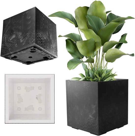 KADAX Plantenbak van kunststof, 39x39cm, 7 kleuren, vierkante bloempot, bloempot met wieltjes, plantenbak met afvoerkurk, betonlook, zwart