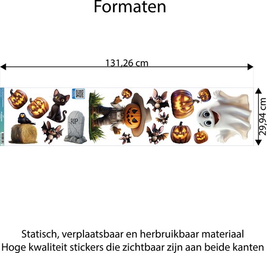 Set Halloween raamstickers (29,94 x 131,26 cm) met pompoenen, een zwarte kat, vleermuizen, een geest en een kraai op stro.