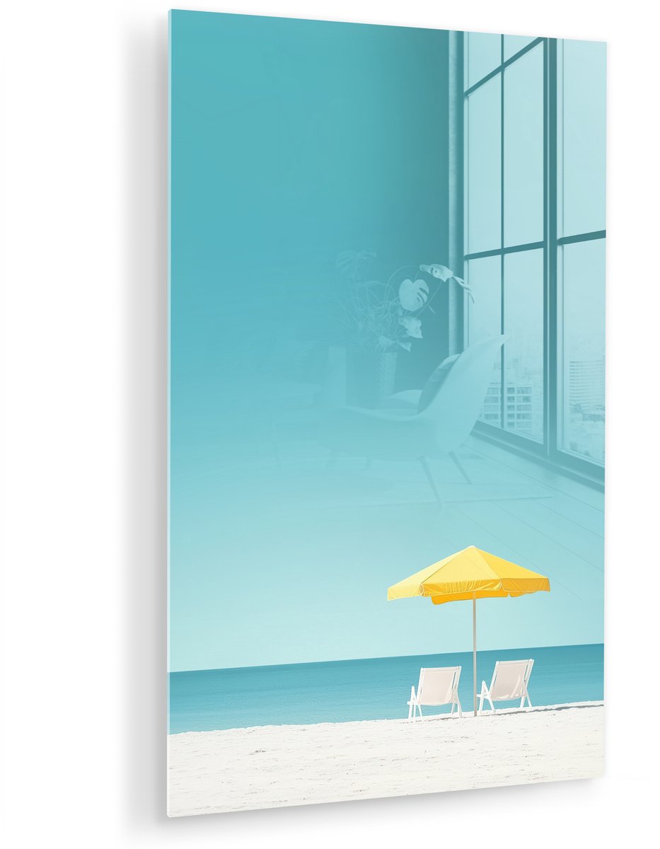 MuchoWow® Glasschilderij 20x30 cm - Schilderij acrylglas - Strand - Blauwe lucht - Geel -